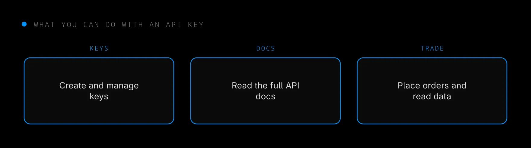 Create and manage API keys, read the docs, and trade programmatically